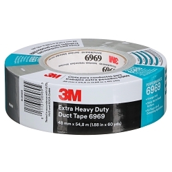 3M 7000001230 6969 Extra Heavy Duty Tape, 60 yd L 1.88 in W, 10.7 mil THK, Rubber Adhesive, Polyethylene/Cloth Scrim Backing, Silver